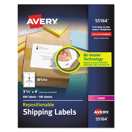 Avery Repositionable Shipping Labels w/SureFeed, Laser, .33x4, White, PK600 55164